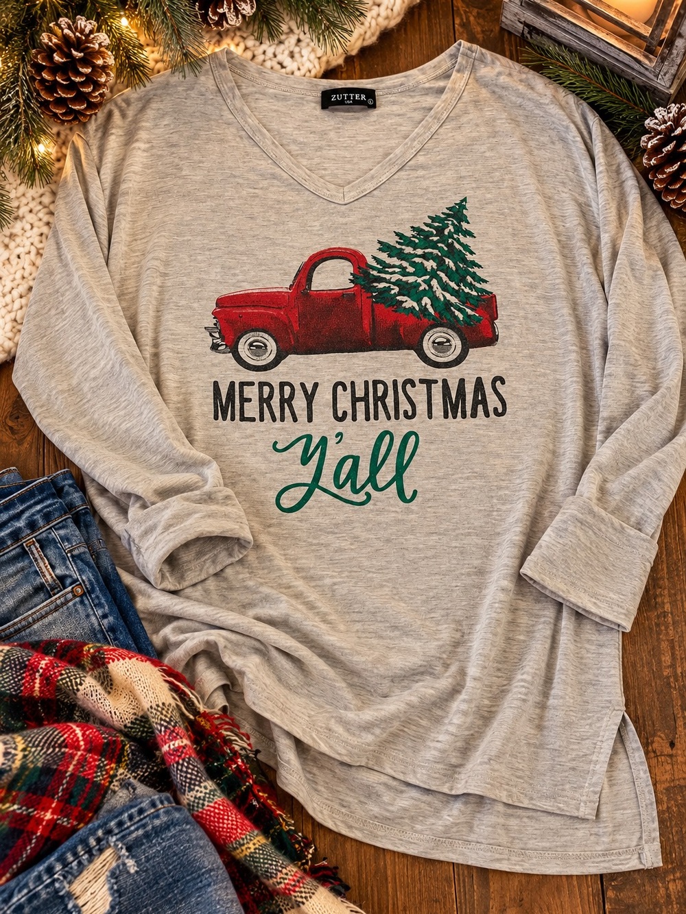 Zutter USA Merry Christmas Y’all Red Truck Christmas Top L
